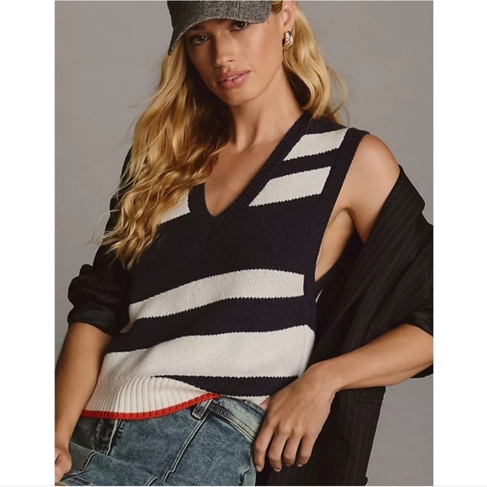 Maeve Anthropologie Striped Asymmetrical V-Neck Sweater Vest